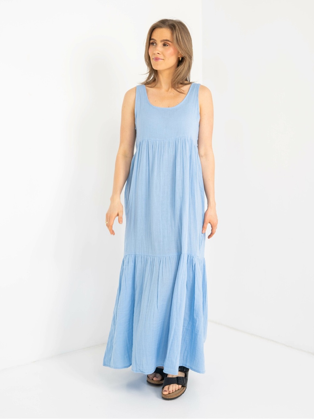 ICHI 100% Gauze Cotton MAXI DRESS Size Medium Sage Green Sleeveless Flowy Casual